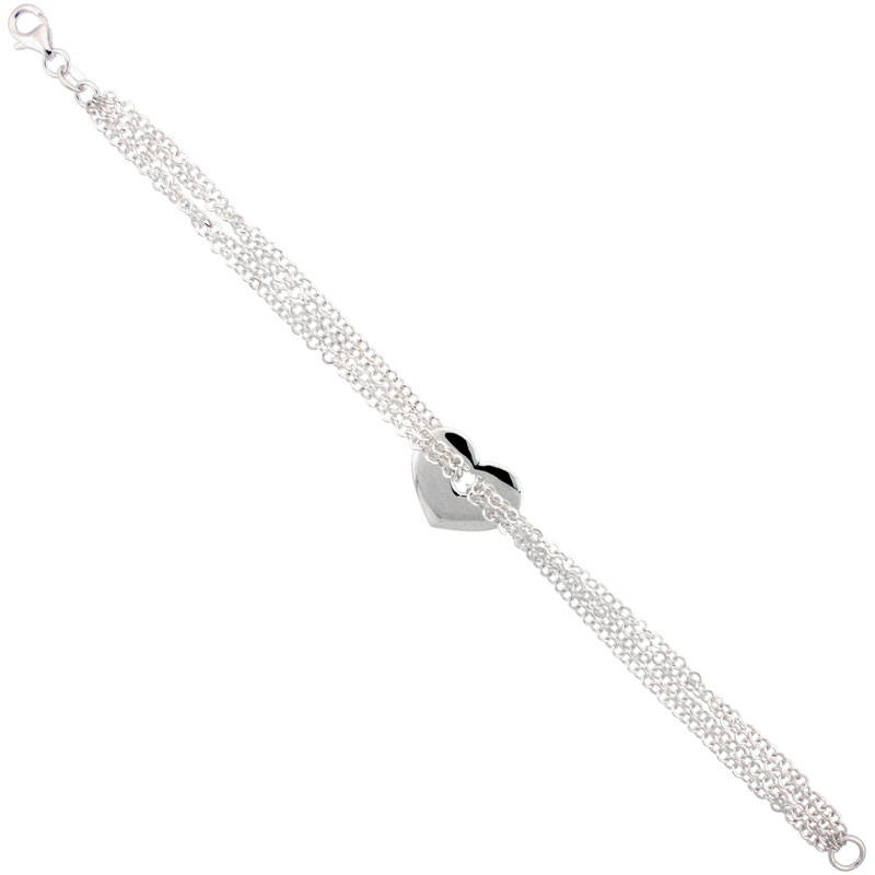 Sterling Silver 4-Strand Rolo Link Heart Bracelet, 7 inches long