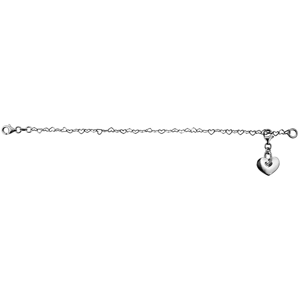 Sterling Silver Heart Link Charm Bracelet, 1/8 inch wide