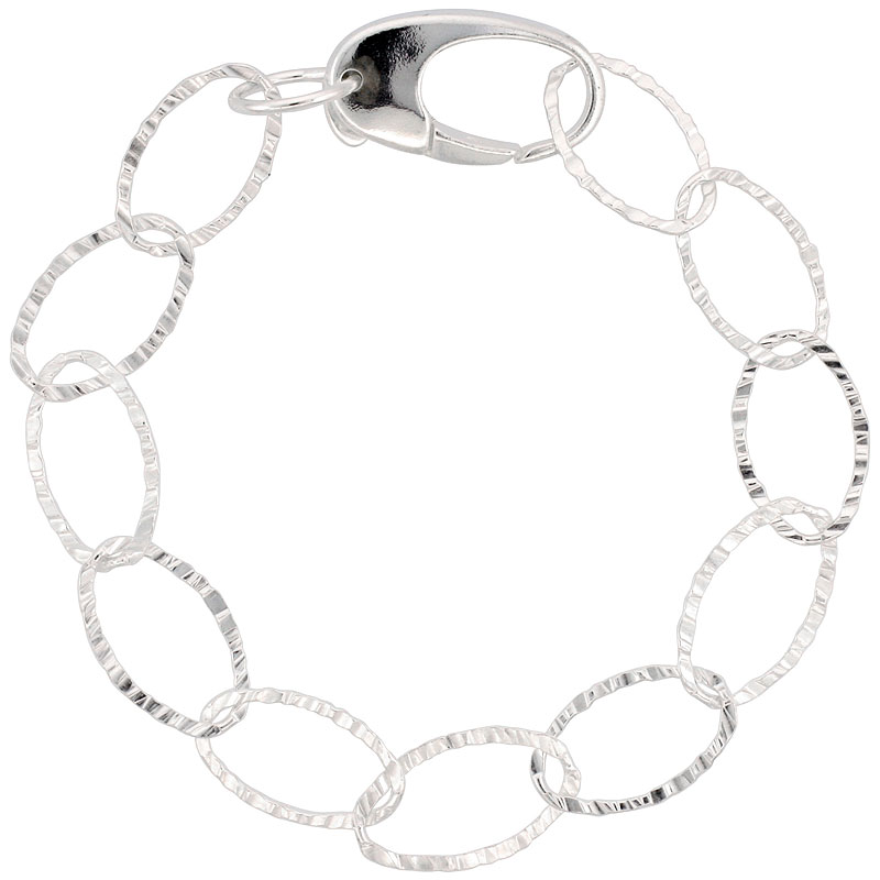 Sterling Silver Textured Oval Link Bracelet Diamond Cut, 7/16 inch wide, 7.5, 18, 24 inches long