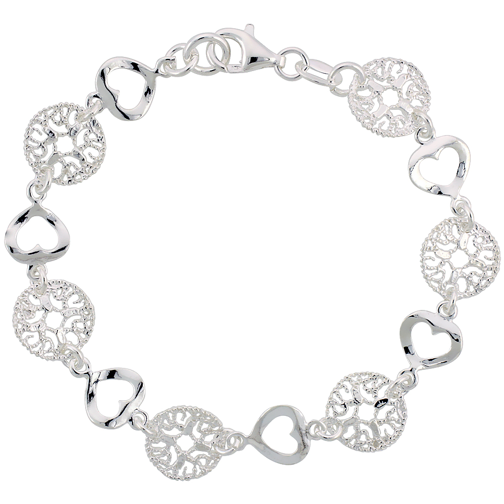 Sterling Silver 7 in. Round Filigree &amp; Heart Cut Out Bracelet, 7/16 in. (11 mm) wide