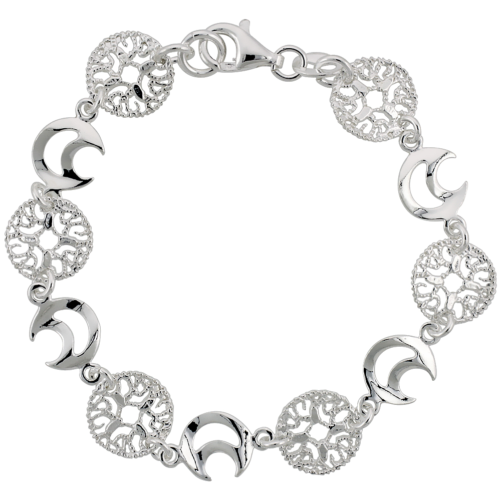Sterling Silver 7 in. Round Filigree &amp; Crescent Moon Cut Out Bracelet, 7/16 in. (11 mm) wide