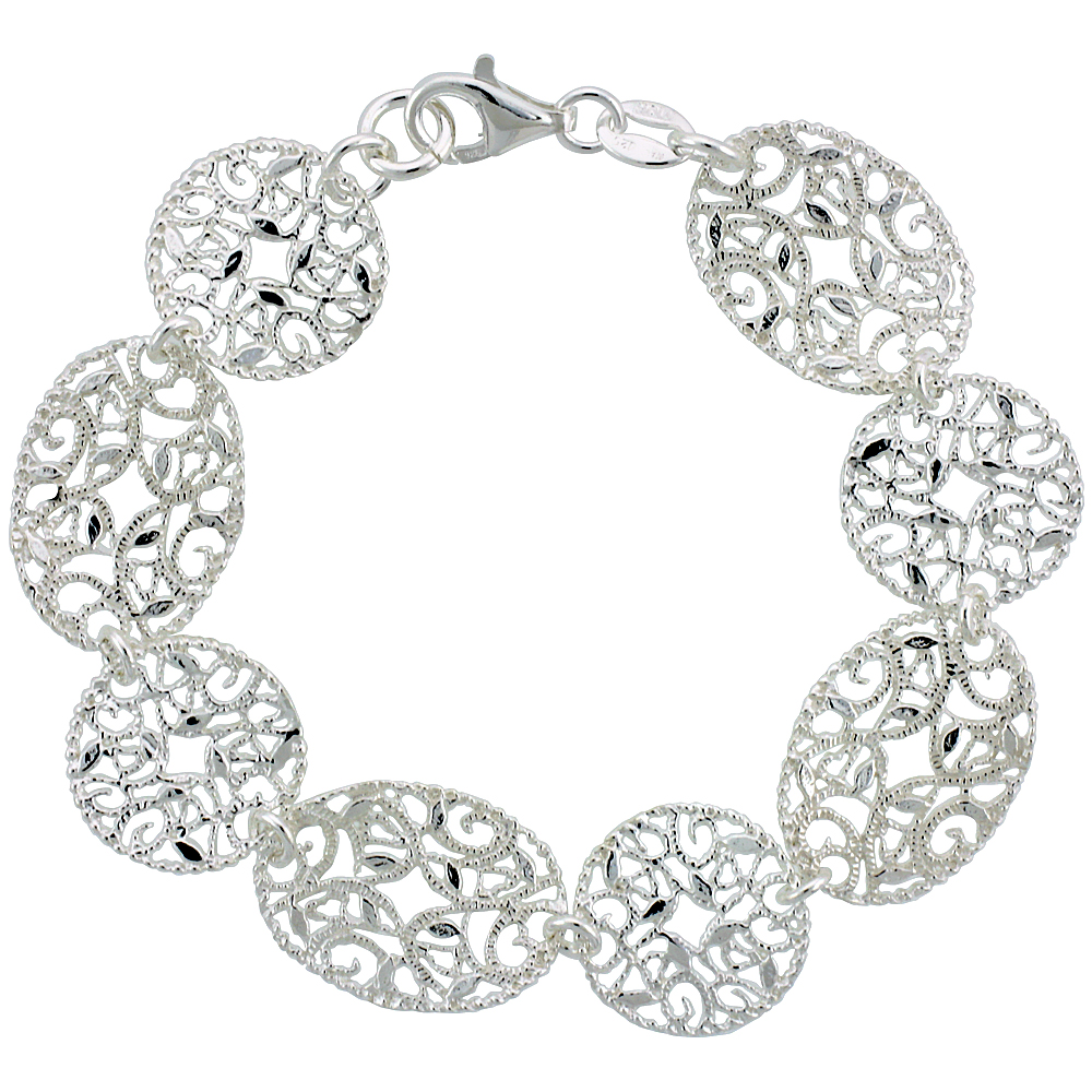 Sterling Silver 6.75 in. Round & Oval Floral Filigree Bracelet, 5/8 in. (16 mm) wide