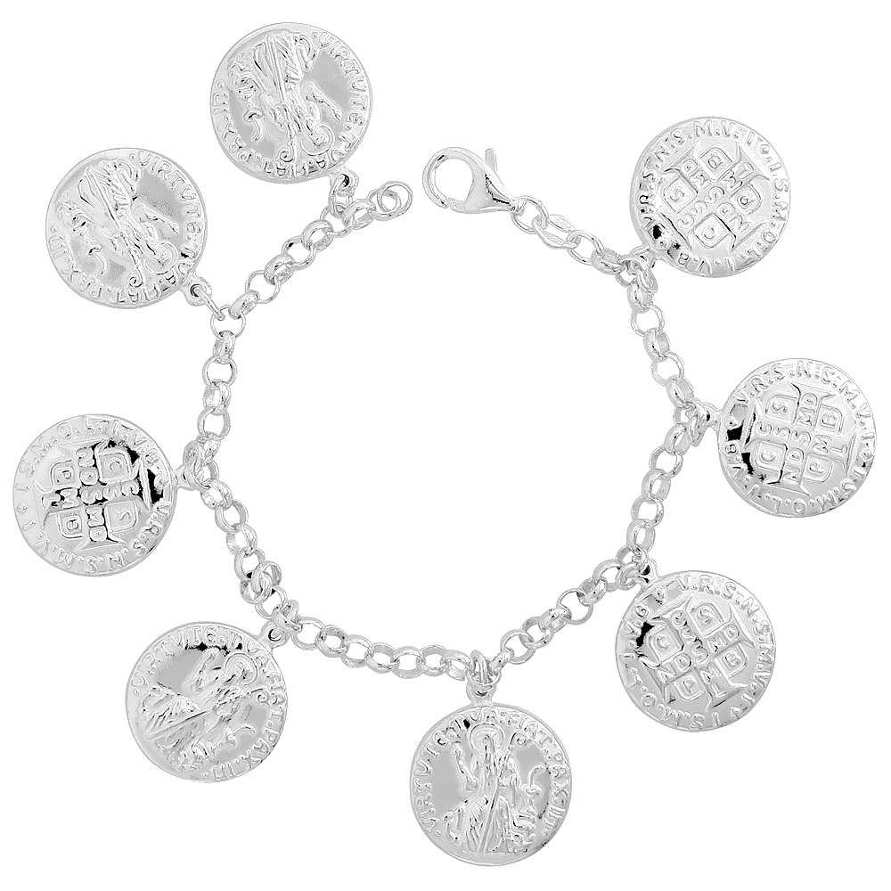 Sterling Silver Puffy St Benedict St Joseph Bracelet for Women 1 inch Dangling Charms 7 inch Dangling Charms