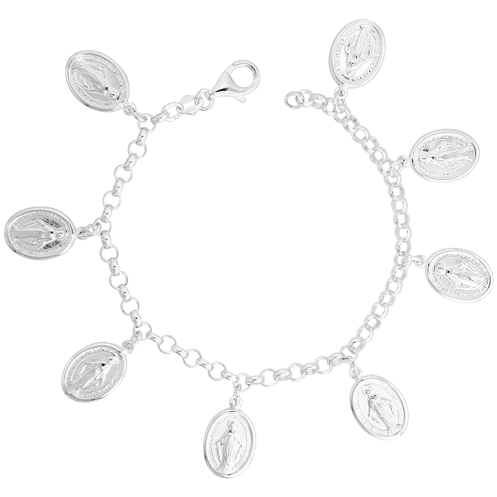 Sterling Silver Puffy Miraculous Medal Bracelet for Women 3/4 inch Dangling Charms 7 inch