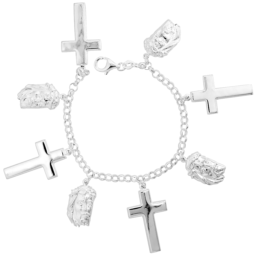 Sterling Silver Puffy Jesus Crown of Thorns Cross Bracelet for Women 1 1/16 inch Dangling Charms 7 inch