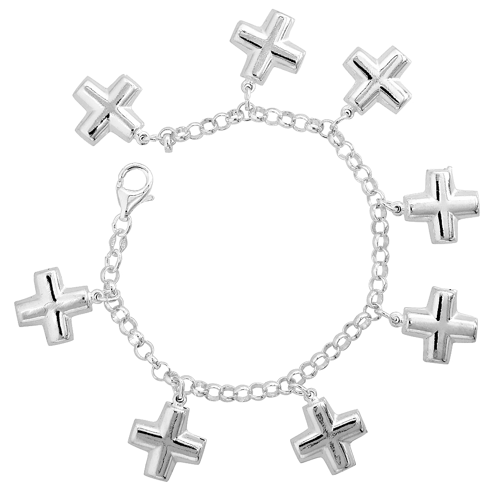 Sterling Silver Puffy Cross Bracelet for Women 7/8 inch Dangling Charms 7 inch