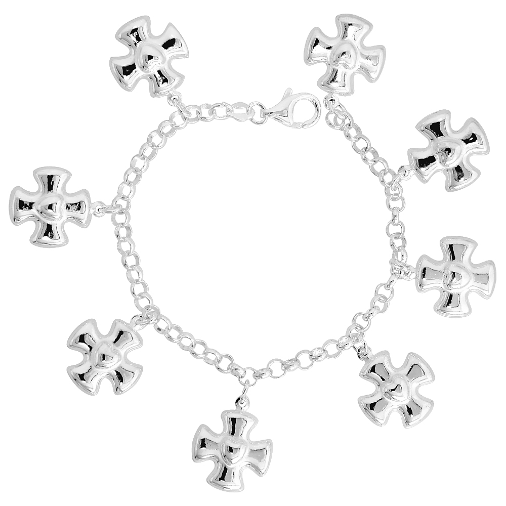 Sterling Silver Puffy Heart on Maltese Cross Bracelet for Women 1 inch Dangling Charms 7 inch