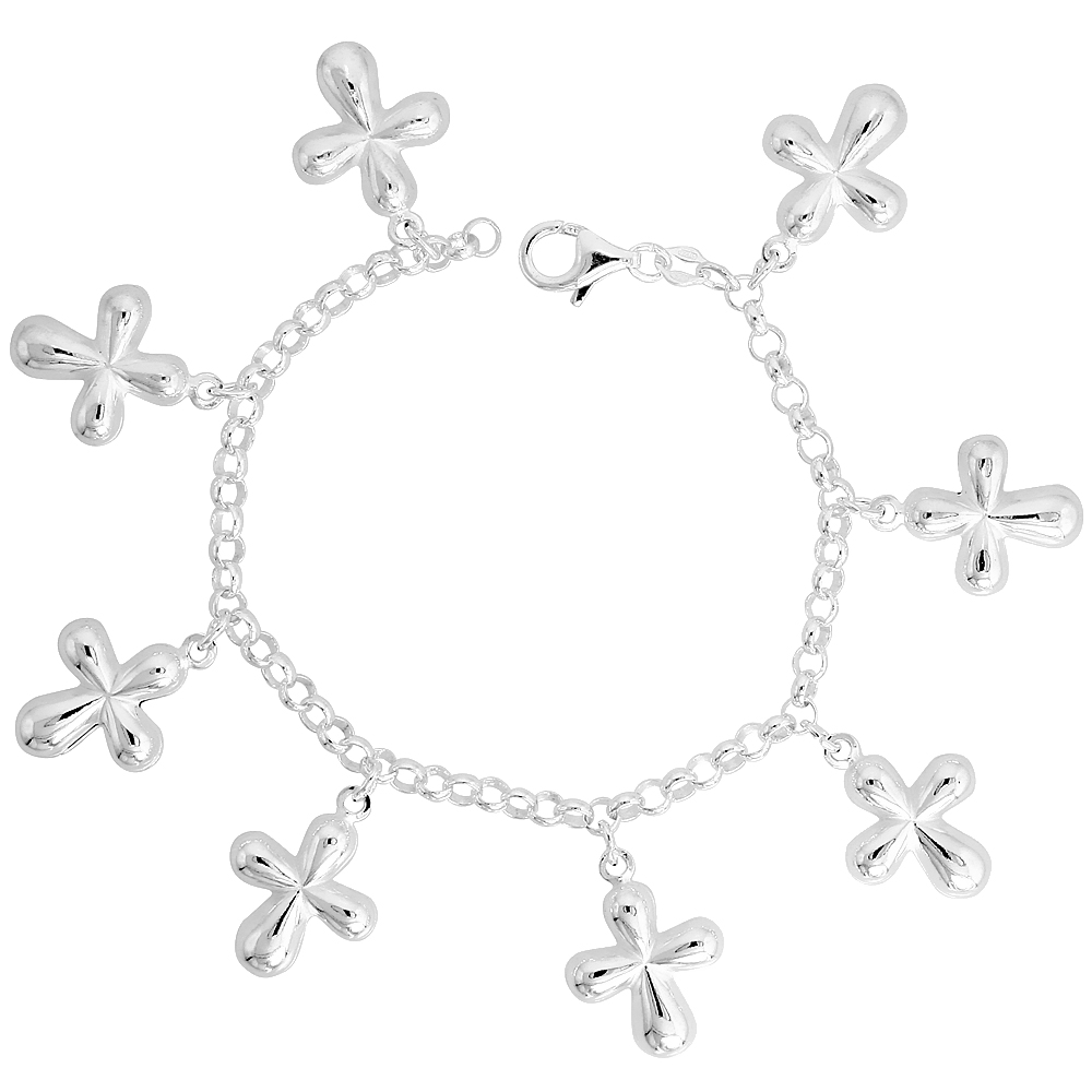 Sterling Silver Puffy Cross Bracelet for Women 1 inch Dangling Charms 7 inch