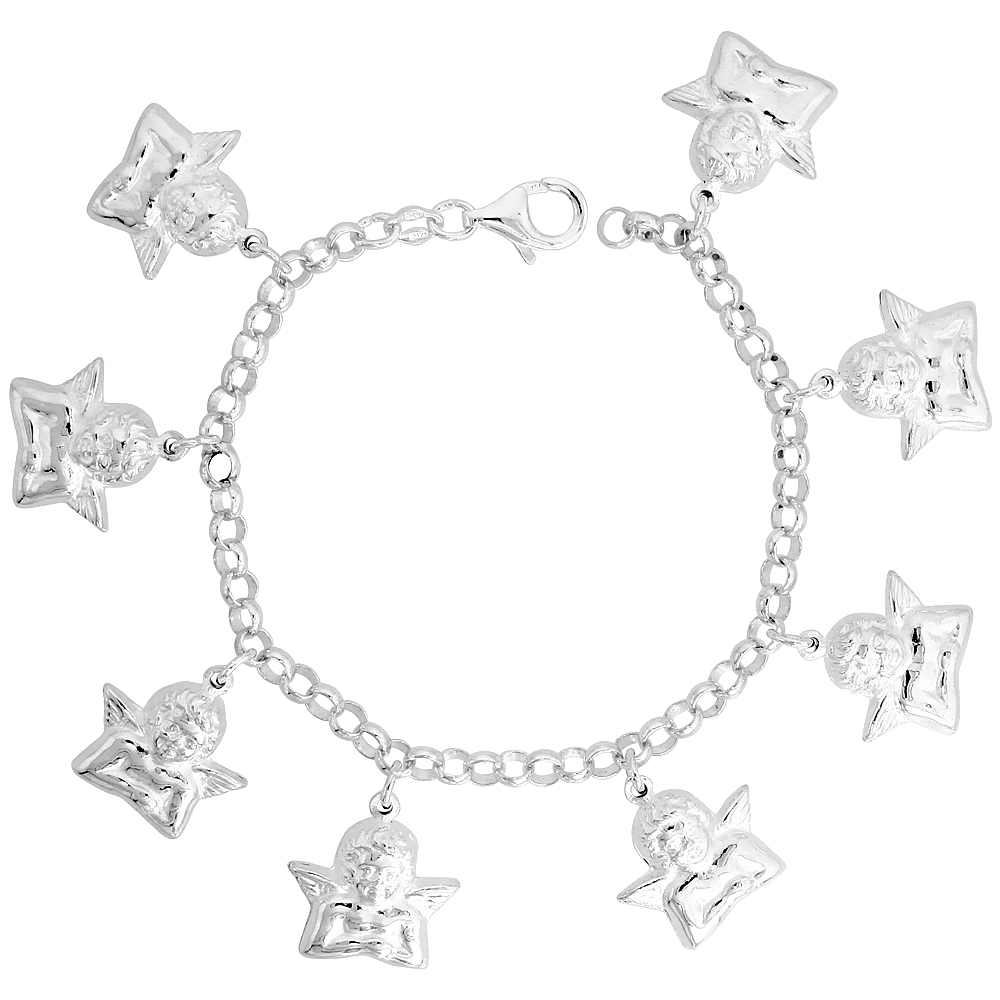 Sterling Silver Puffy Guardian Angel Bracelet for Women 3/4 inch Dangling Charms 7 inch