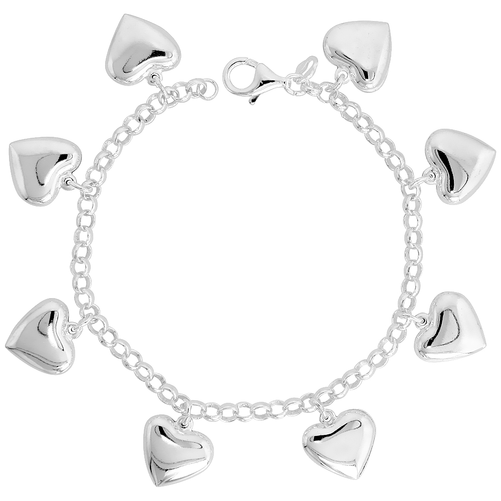 Sterling Silver Puffy Puffy Hearts Bracelet for Women 5/8 inch Dangling Charms 7 inch