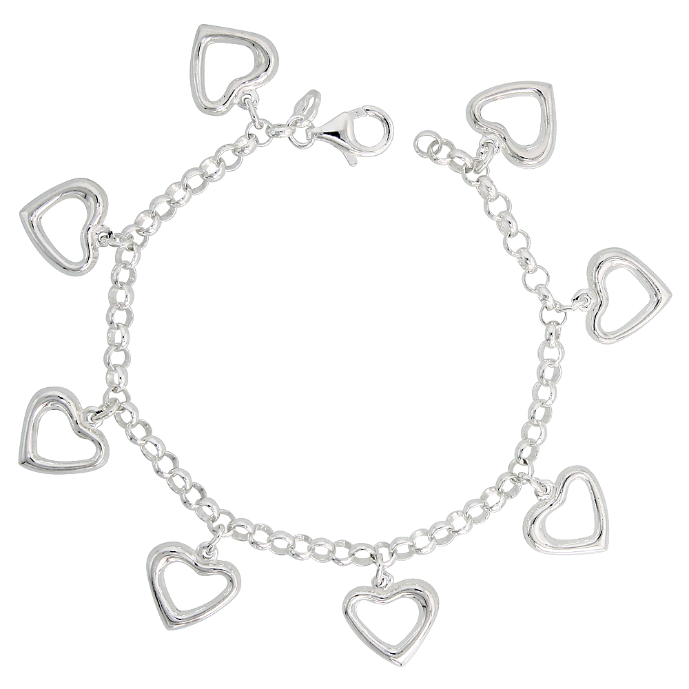 Sterling Silver Puffy Cut-Out Hearts Bracelet for Women 3/4 inch Dangling Charms 7 inch