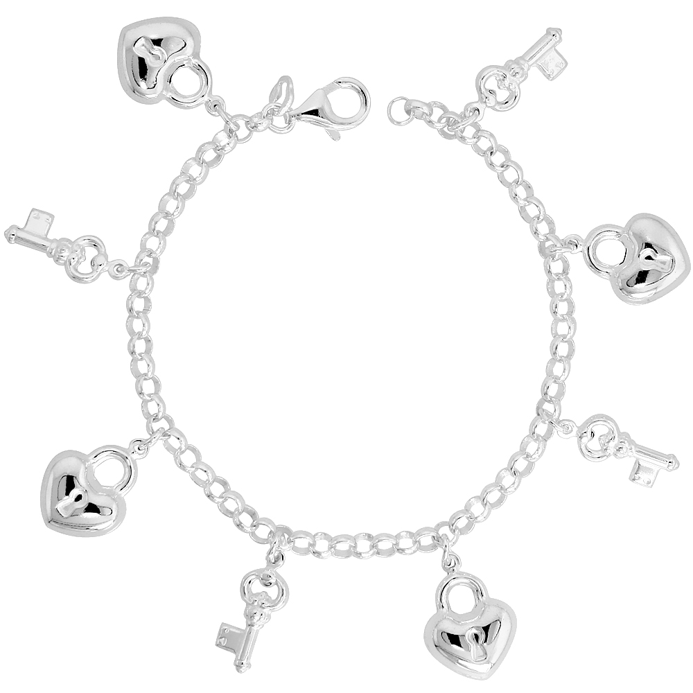 Sterling Silver Puffy Key to My Heart Bracelet for Women 3/4 inch Dangling Charms 7 inch