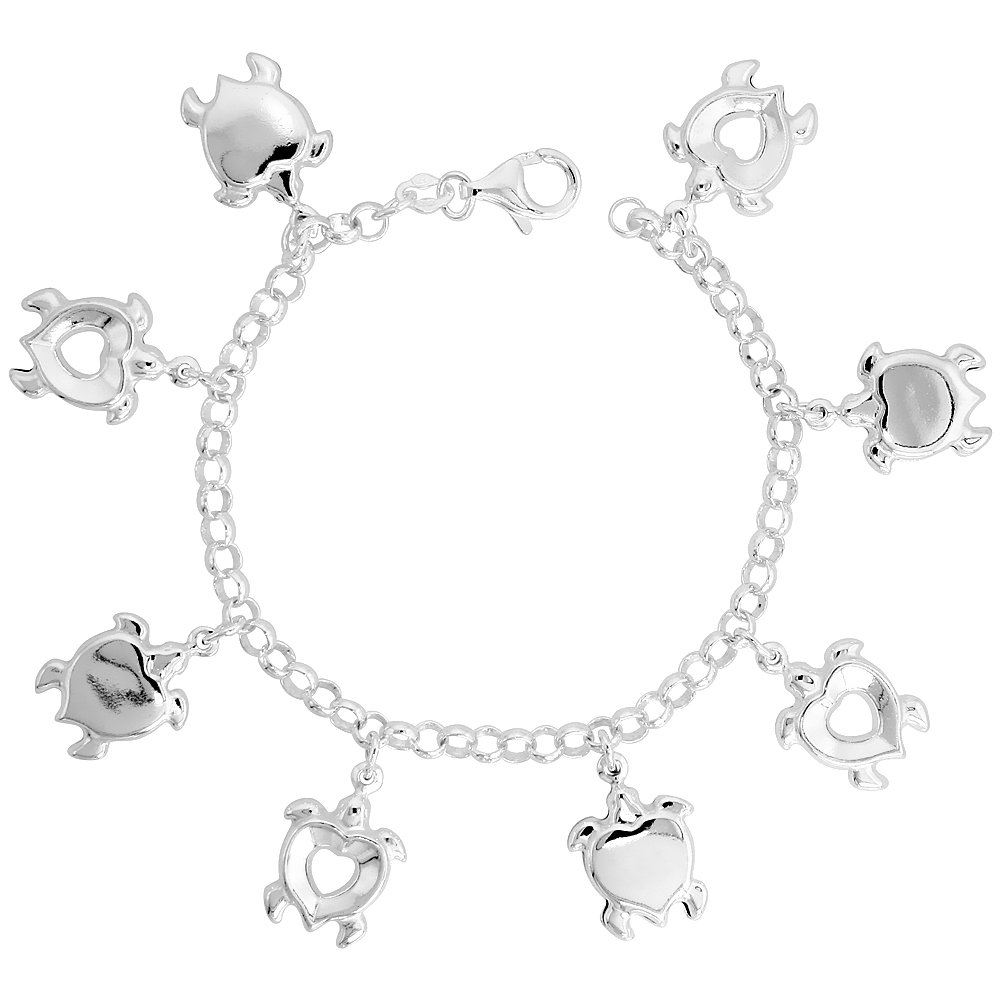 Sterling Silver Puffy Turtle Bracelet for Women Heart-shaped 7/8 inch Dangling Charms 7 inch