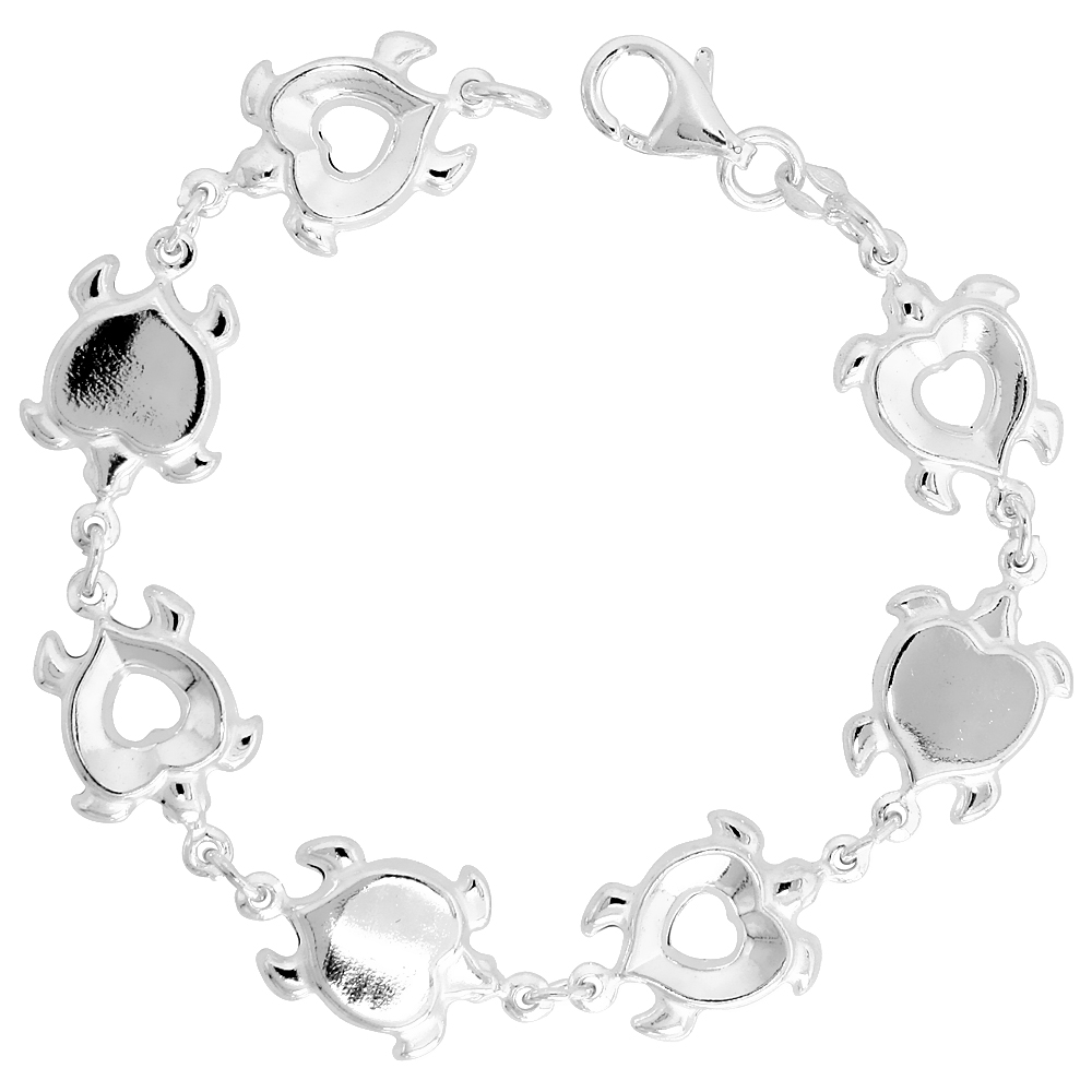 Sterling Silver Puffy Turtle Bracelet Heart-shaped 1/2 inch Dangling Charms 7 inch