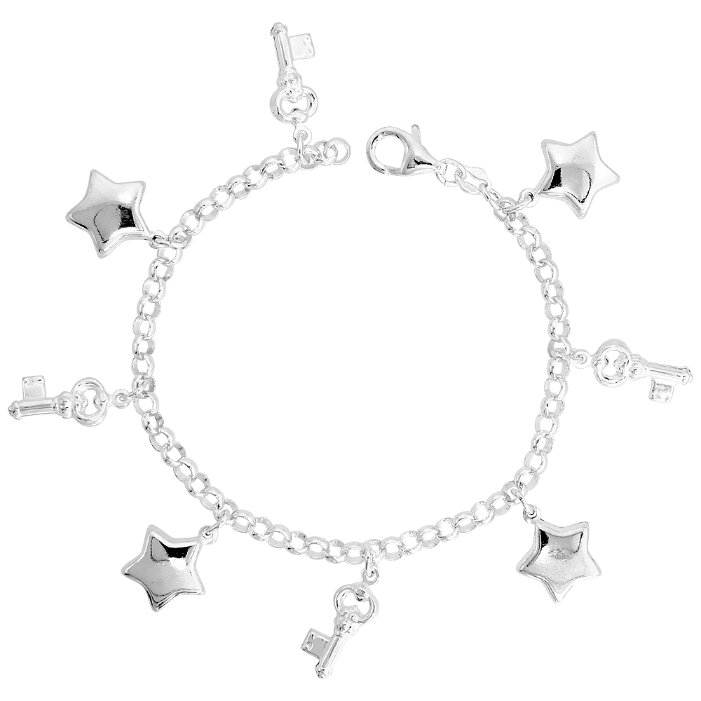 Sterling Silver Puffy Keys & Puffy Stars Bracelet for Women 7/8 inch Dangling Charms 7 inch