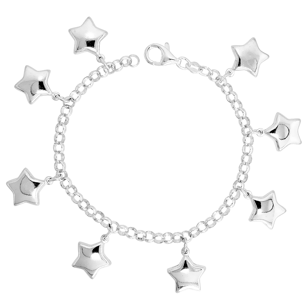 Sterling Silver Puffy Puffy Stars Bracelet for Women 3/4 inch Dangling Charms 7 inch