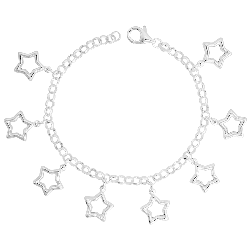 Sterling Silver Puffy Puffy Stars Bracelet for Women 3/4 inch Dangling Charms 7 inch