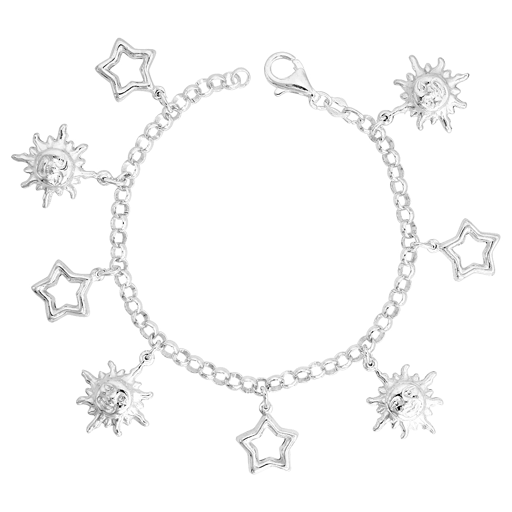 Sterling Silver Puffy Stars Bracelet for Women 3//4 inch Dangling Charms 7 inches long