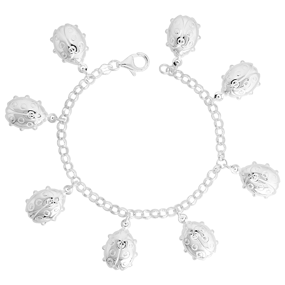 Sterling Silver Puffy Ladybug Bracelet for Women 7/8 inch Dangling Charms 7 inch