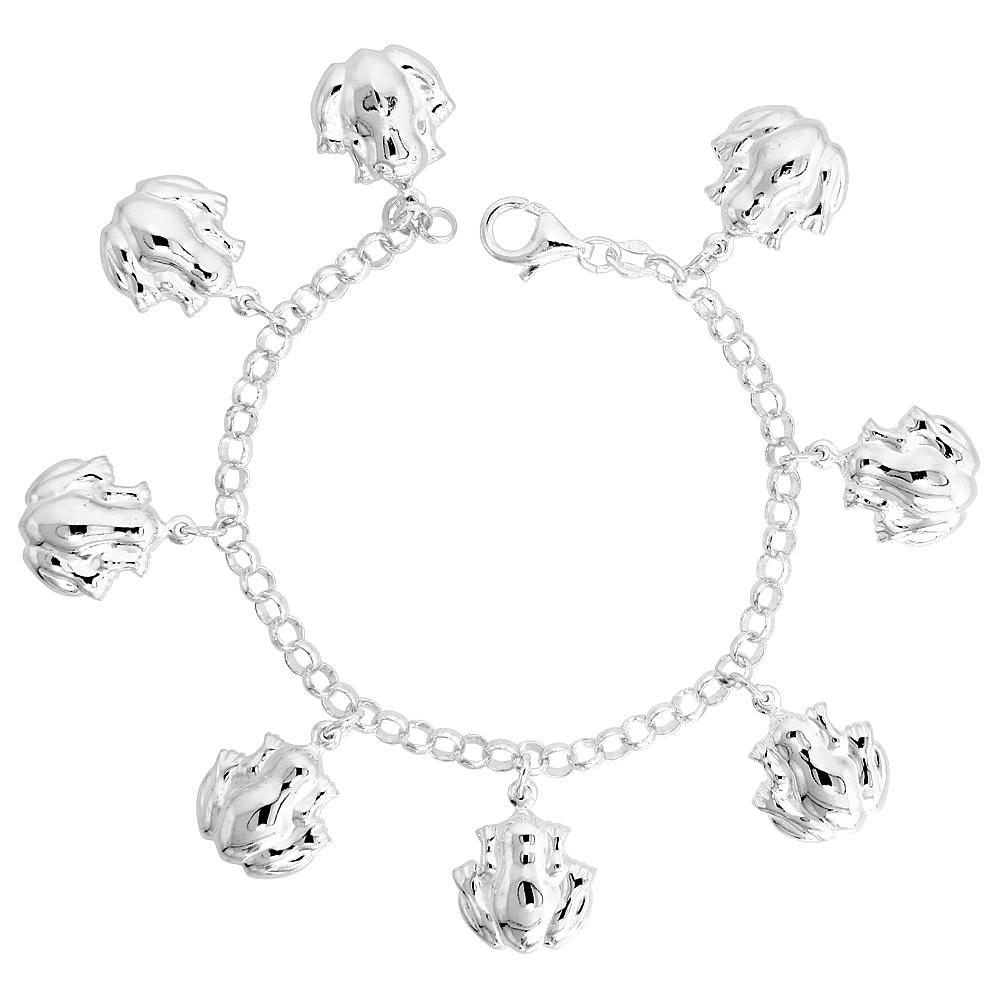Sterling Silver Puffy Frog Bracelet for Women 7/8 inch Dangling Charms 7 inch