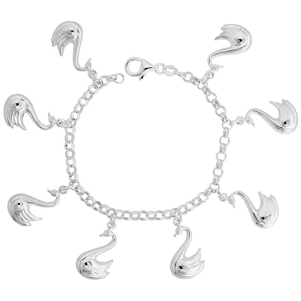 Sterling Silver Puffy Swan Bracelet for Women 1 inch Dangling Charms 7 inch