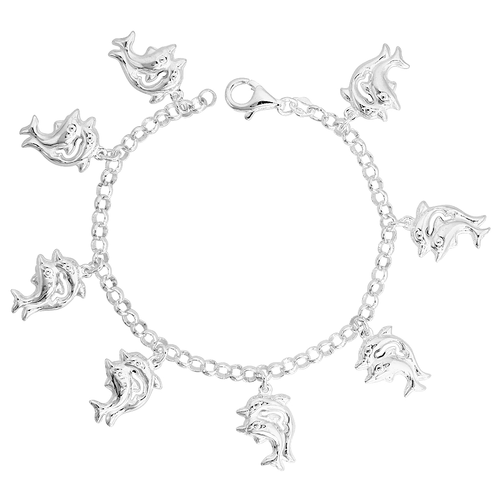 Sterling Silver Puffy Double Dolphin Bracelet for Women 7/8 inch Dangling Charms 7 inch