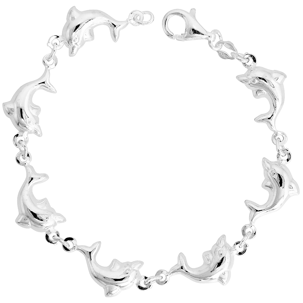 Sterling Silver Puffy Dolphin Bracelet for Women & Girls 7.5 inch long 11 mm wide