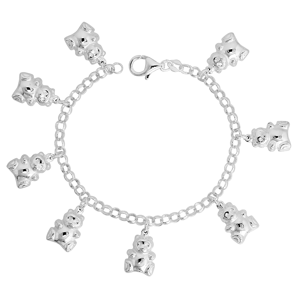 Sterling Silver Puffy Teddy Bear Bracelet for Women 3/4 inch Dangling Charms 7 inch