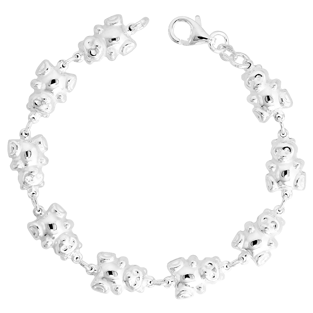 Sterling Silver Puffy Teddy Bear Bracelet 3/8 inch Linked Charms 7 inch