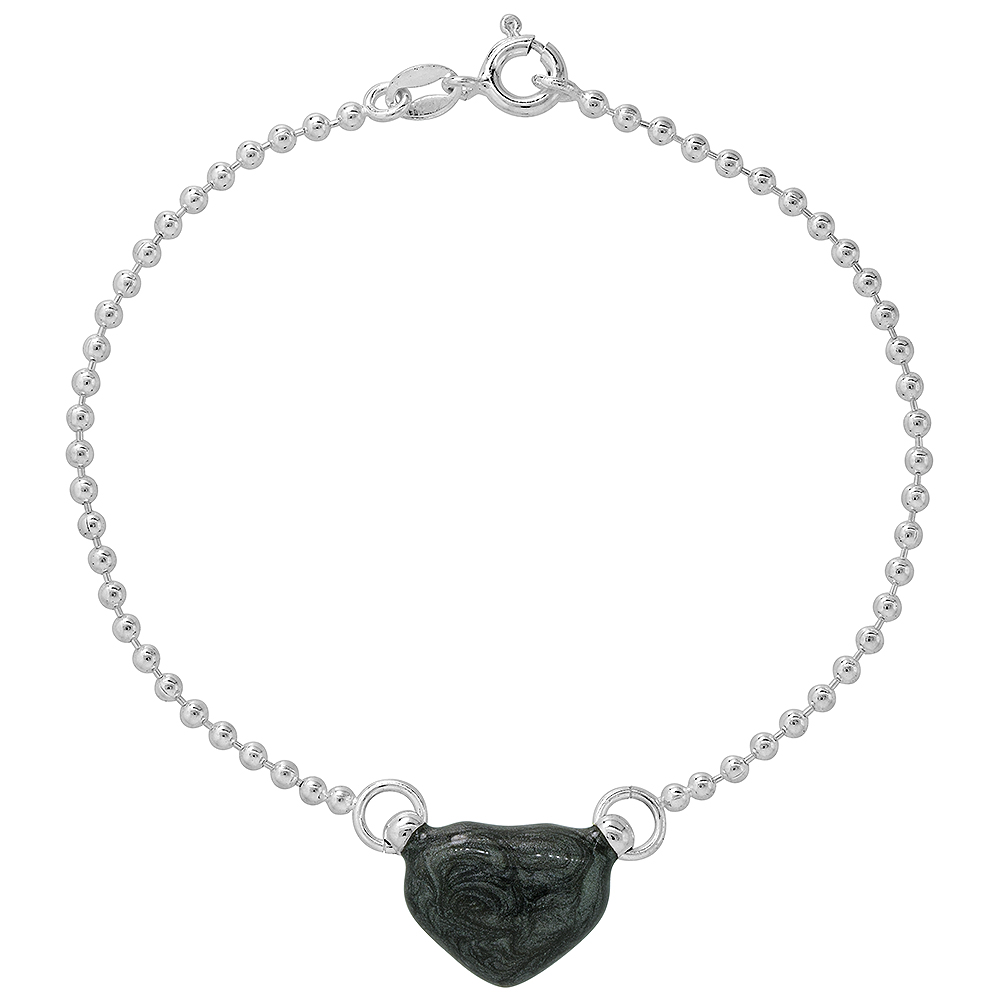 Sterling Silver Enameled Black Puffy Heart Bracelet for Women and Girls 7 inch long