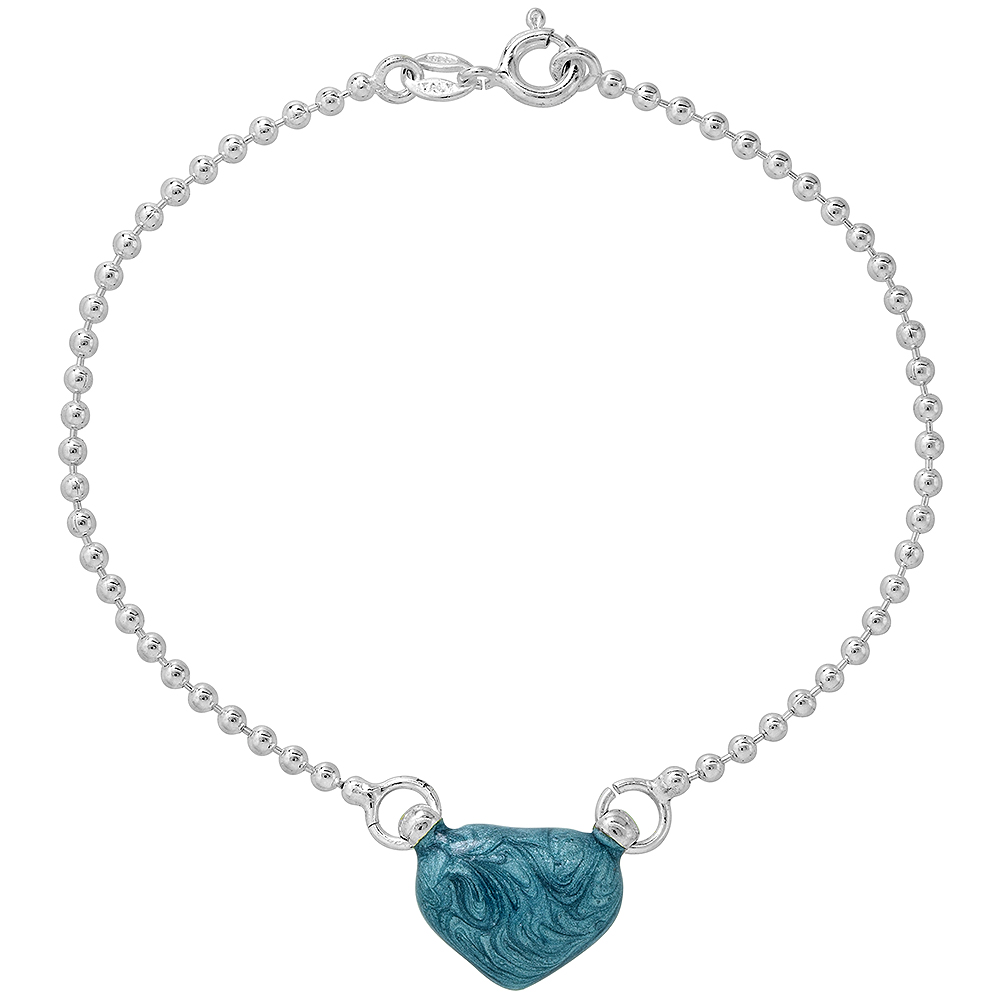 Sterling Silver Enameled Blue Puffy Heart Bracelet for Women and Girls 7 inch long