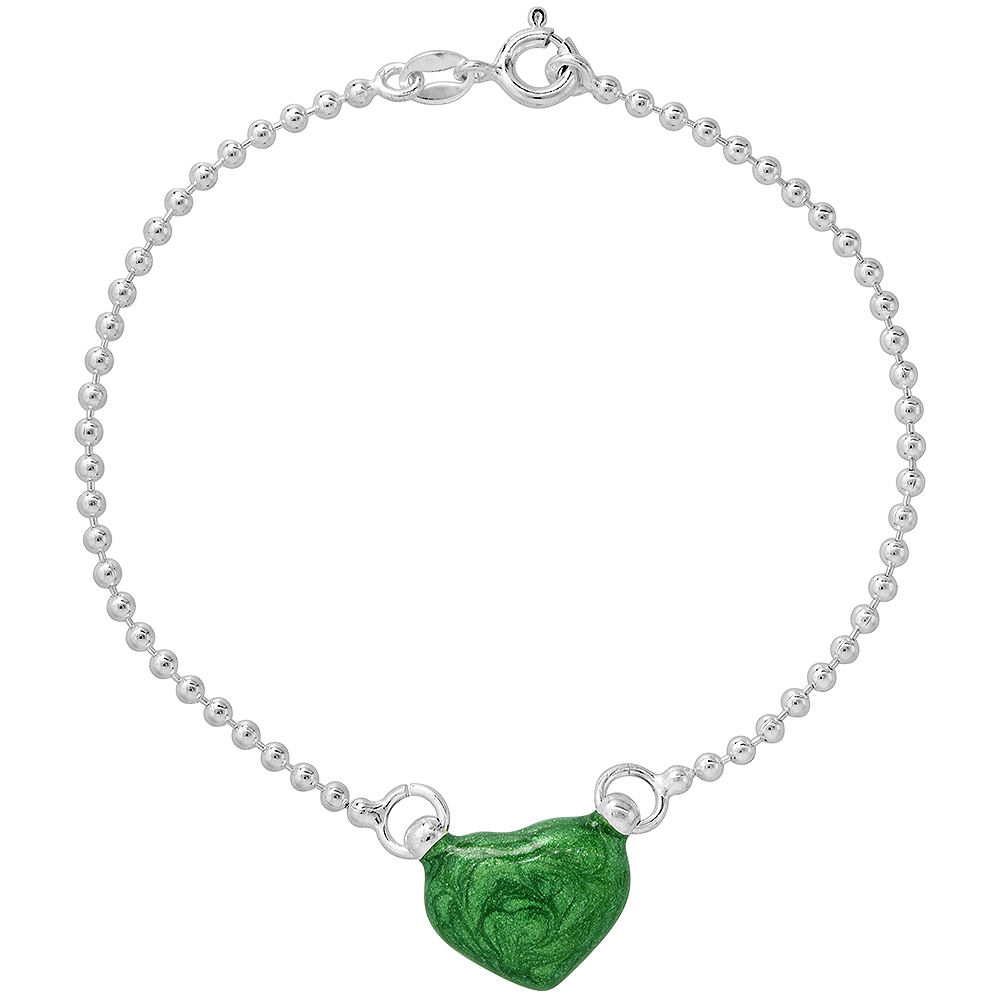Sterling Silver Enameled Green Puffy Heart Bracelet for Women and Girls 7 inch long