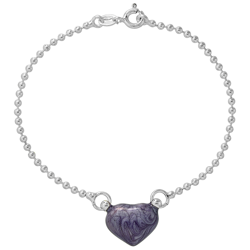 Sterling Silver Enameled Purple Puffy Heart Bracelet for Women and Girls 7 inch long