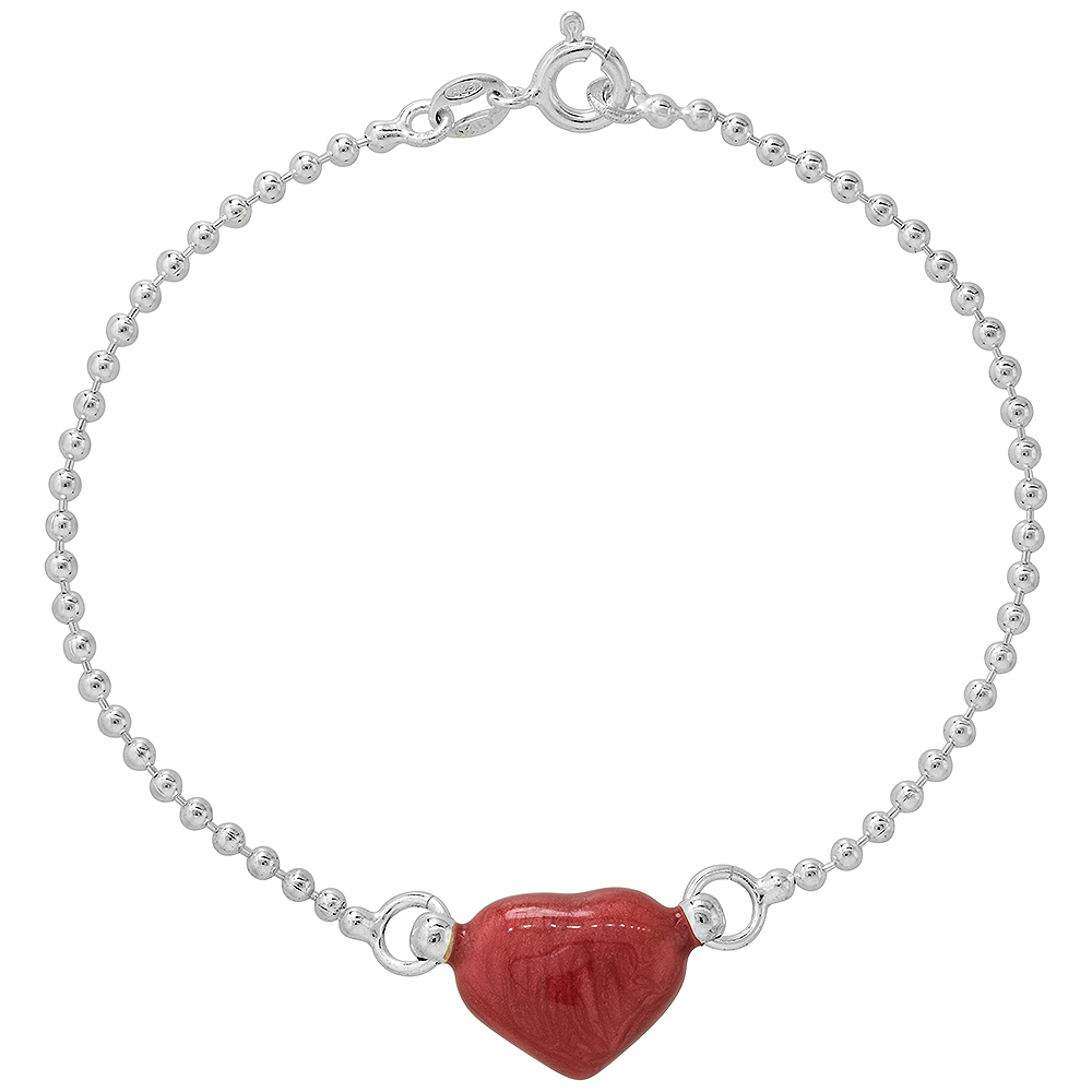 Sterling Silver Enameled Red Puffy Heart Bracelet for Women and Girls 7 inch long