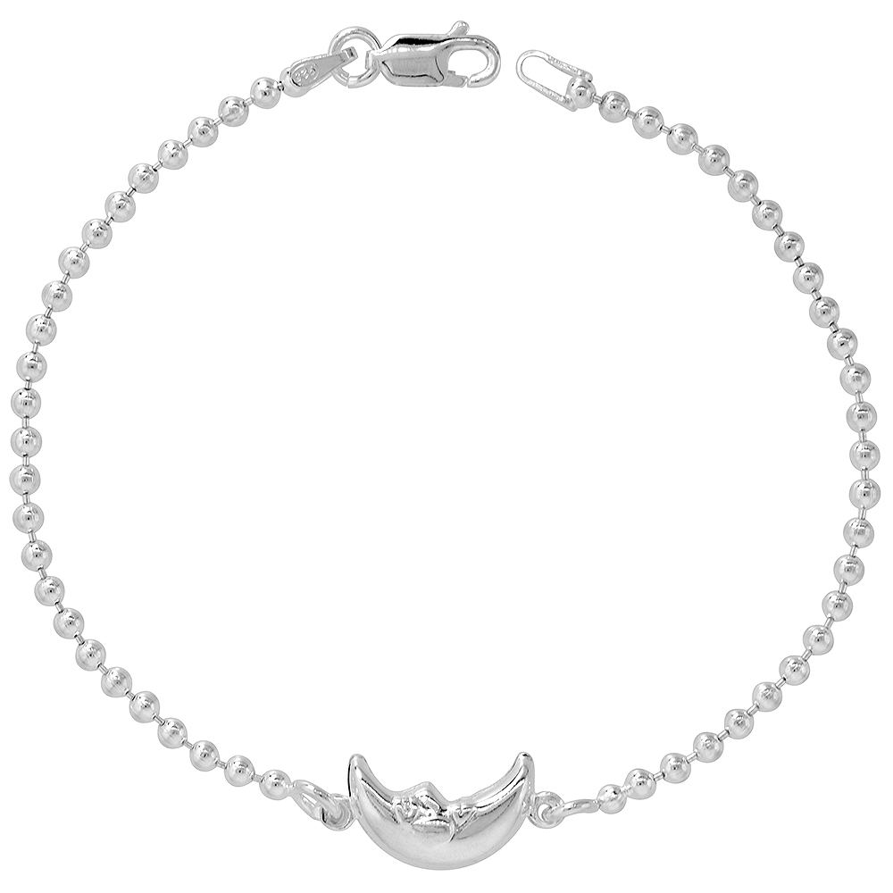 Sterling Silver Puffy Moon Bracelet for Women & Girls 7.5 inch long