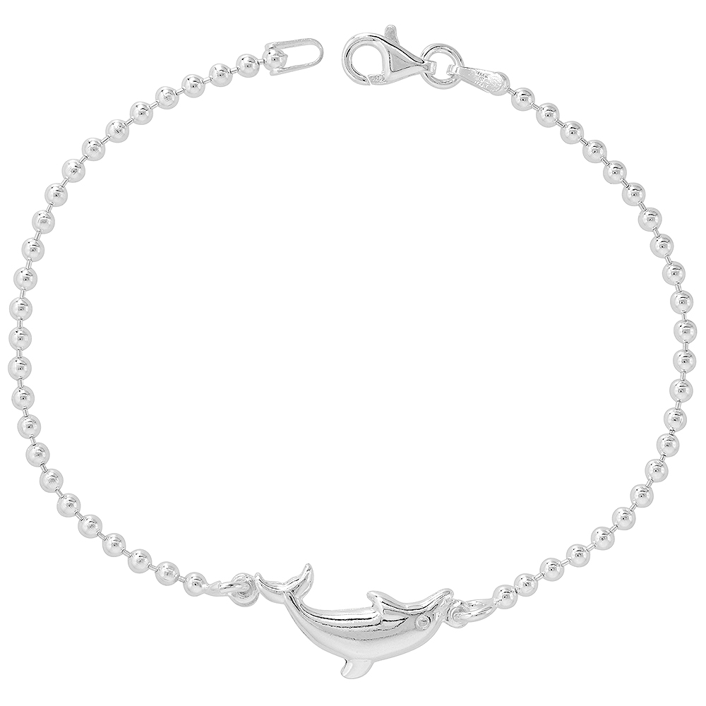 Sterling Silver Puffy Dolphin Bracelet for Women &amp; Girls 7.5 inch long