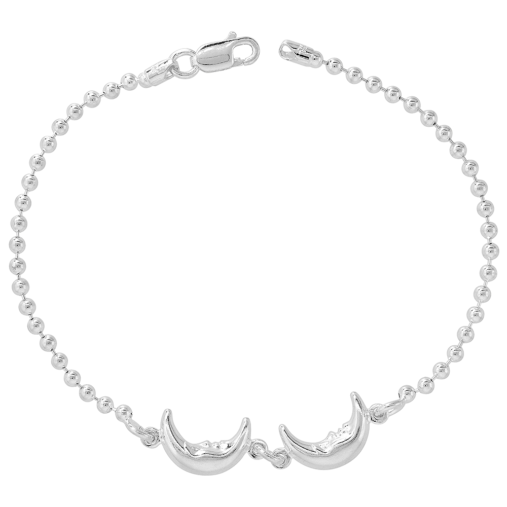 Sterling Silver Puffy Moon Bracelet for Women &amp; Girls 7.5 inch long