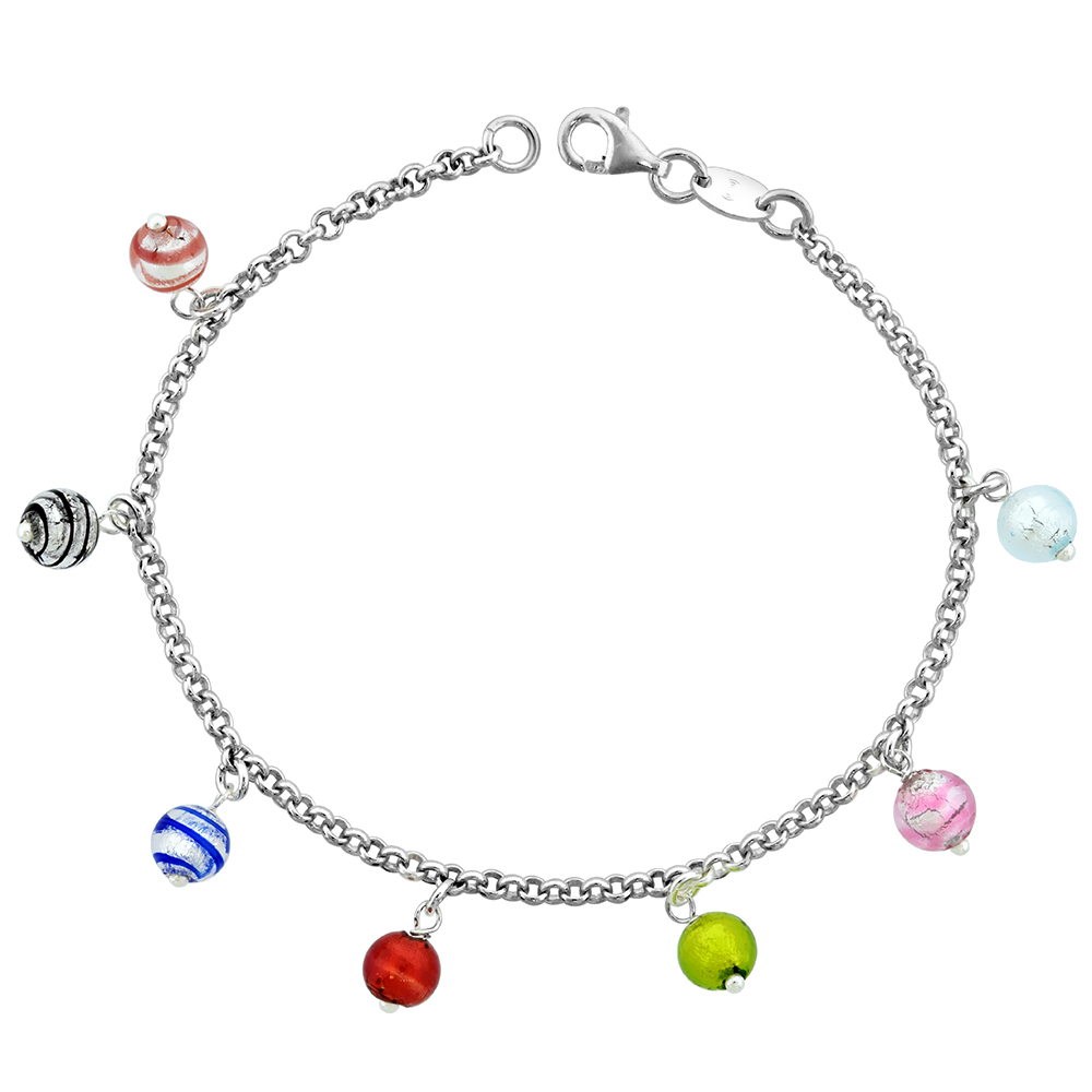 Sterling Silver 6 mm Venetian Murano Glass Dangling Iridescent Multicolor Foiled Glass Beads Charm Bracelet for Women Italy 7 inch