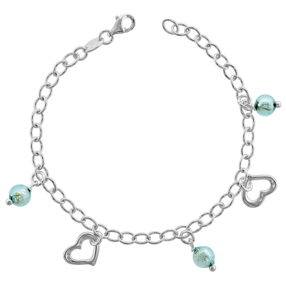 Sterling Silver 6 mm Venetian Murano Glass Dangling Iridescent Aqua Foiled Glass Beads Heart Bracelet for Women Italy 7 inch