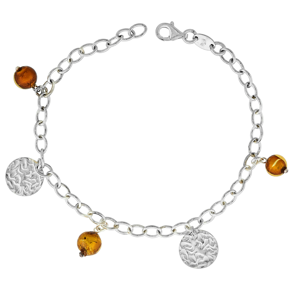 Sterling Silver 6 mm Venetian Murano Glass Dangling Iridescent Gold Foiled Glass Beads Hammered Disk Bracelet for Women Italy 7 inch
