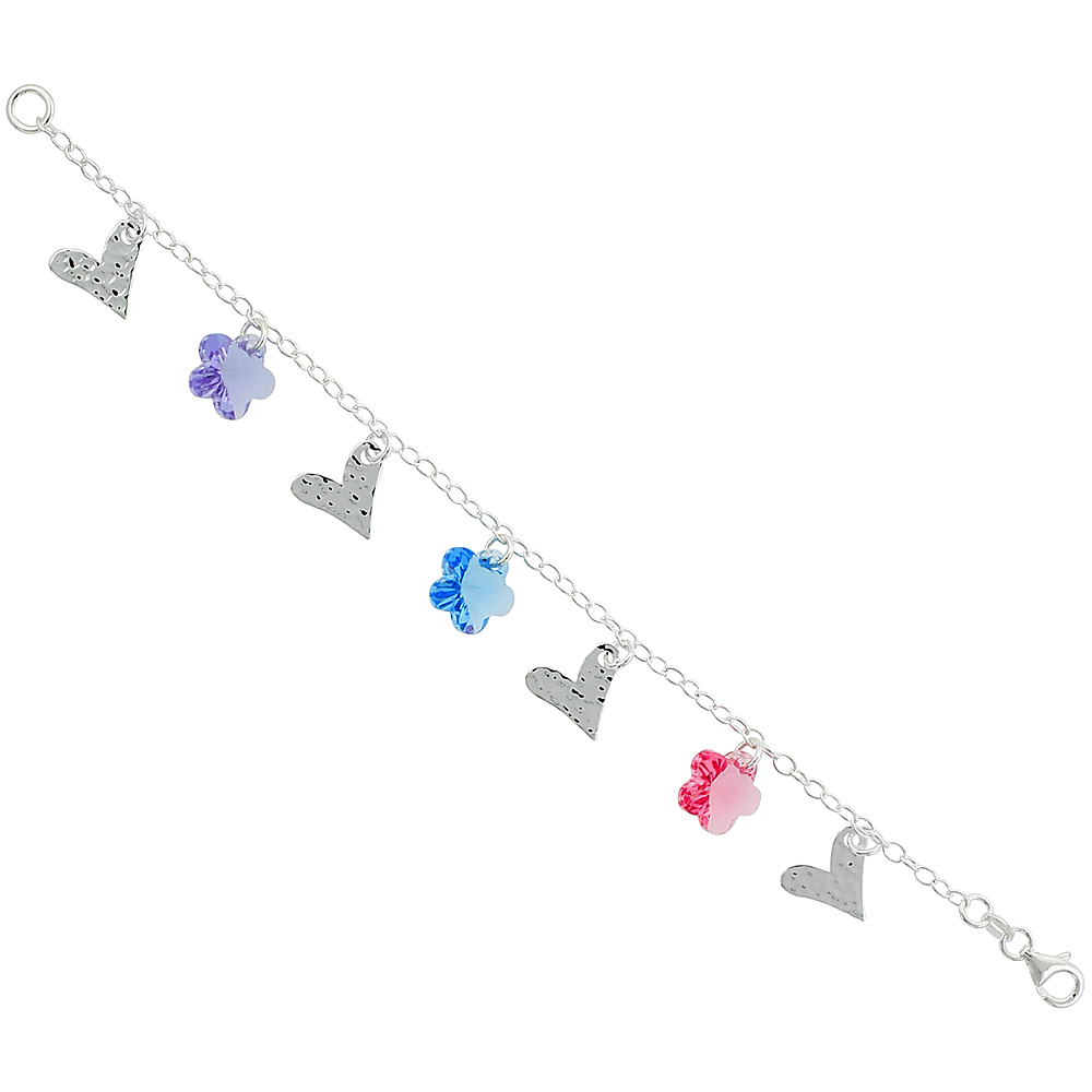 Sterling Silver Pink and Blue Crystal Flowers &amp; Hearts Bracelets for Women with Swarovski Elements 7.5 inch