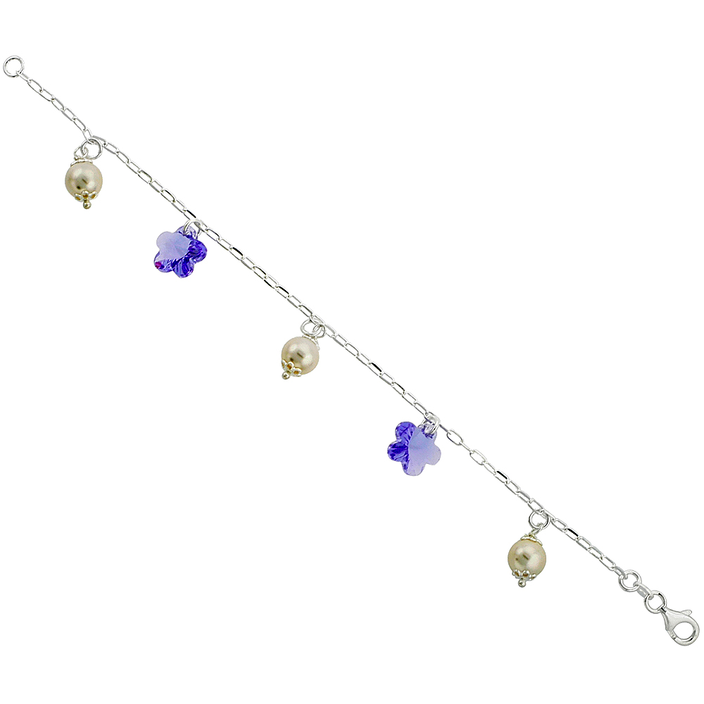 Sterling Silver Purple Crystal Flowers &amp; Pearls Bracelets for Women with Swarovski Elements 7.5 inch