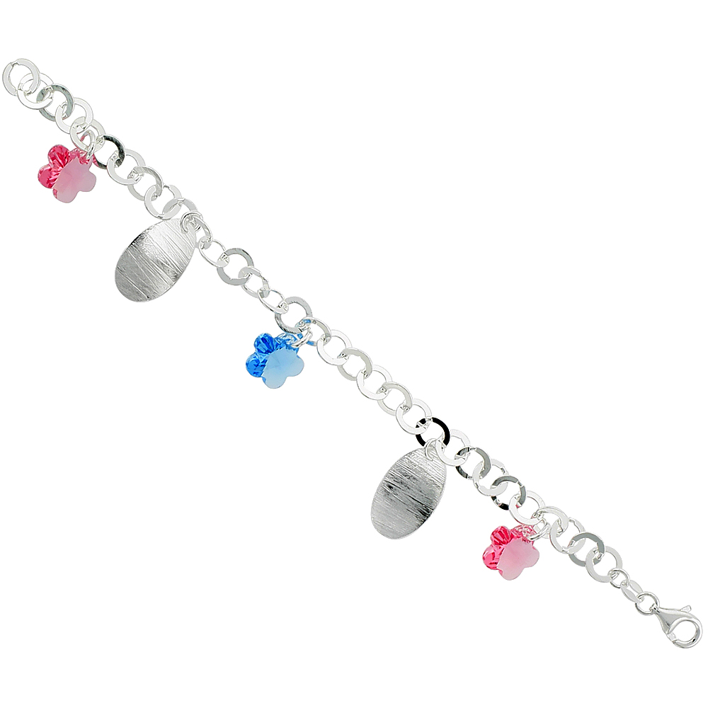 Sterling Silver Pink and Blue Crystal Flowers &amp; Oval Disk Bracelets for Women with Swarovski Elements 7.5 inch