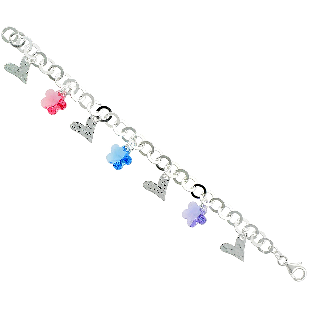 Sterling Silver Purple Blue Pink Crystal Flowers &amp; Hearts Bracelets for Women with Swarovski Elements 7.5 inch