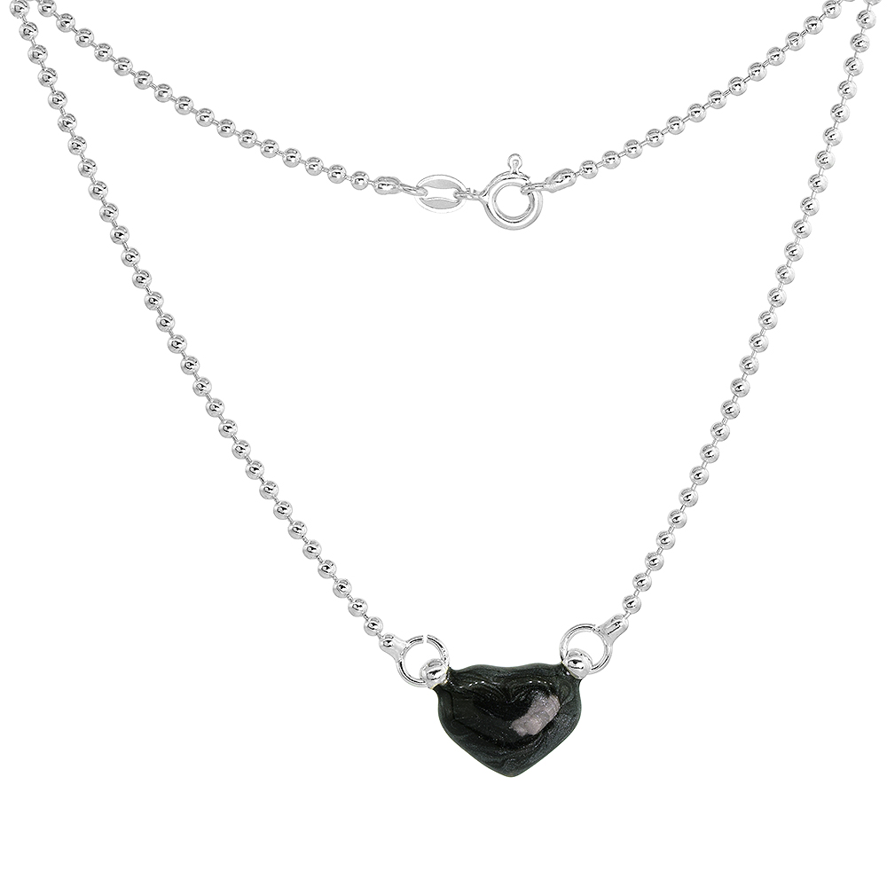 Sterling Silver Black Enamel Heart Necklace for Women and Girls, 18 inch long