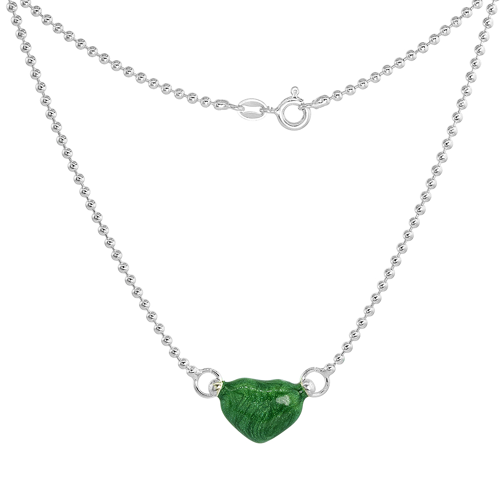 Sterling Silver Green Enamel Heart Necklace for Women and Girls, 18 inch long