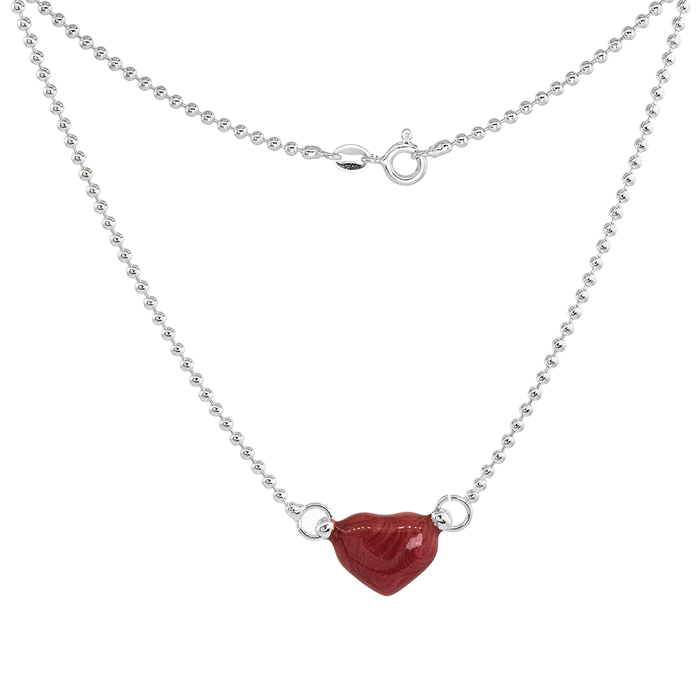 Sterling Silver Red Enamel Heart Necklace for Women and Girls, 18 inch long