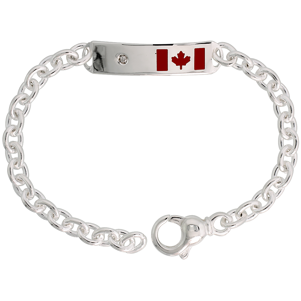 Sterling Silver ID Bracelet Canadian Flag Heavy, 3/8 inch wide, 9 inch