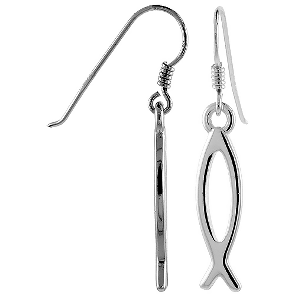 Sterling Silver Christian Fish Cut Out Fish Hook Dangling Earrings, 1 5/8" (41 mm) tall