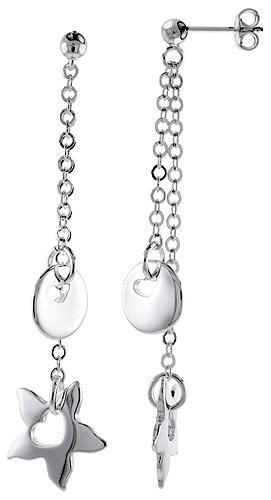 Sterling Silver Heart Cut Outs in Starfish &amp; Round Disc Dangling Earrings, 2 1/4&quot; (57 mm) tall
